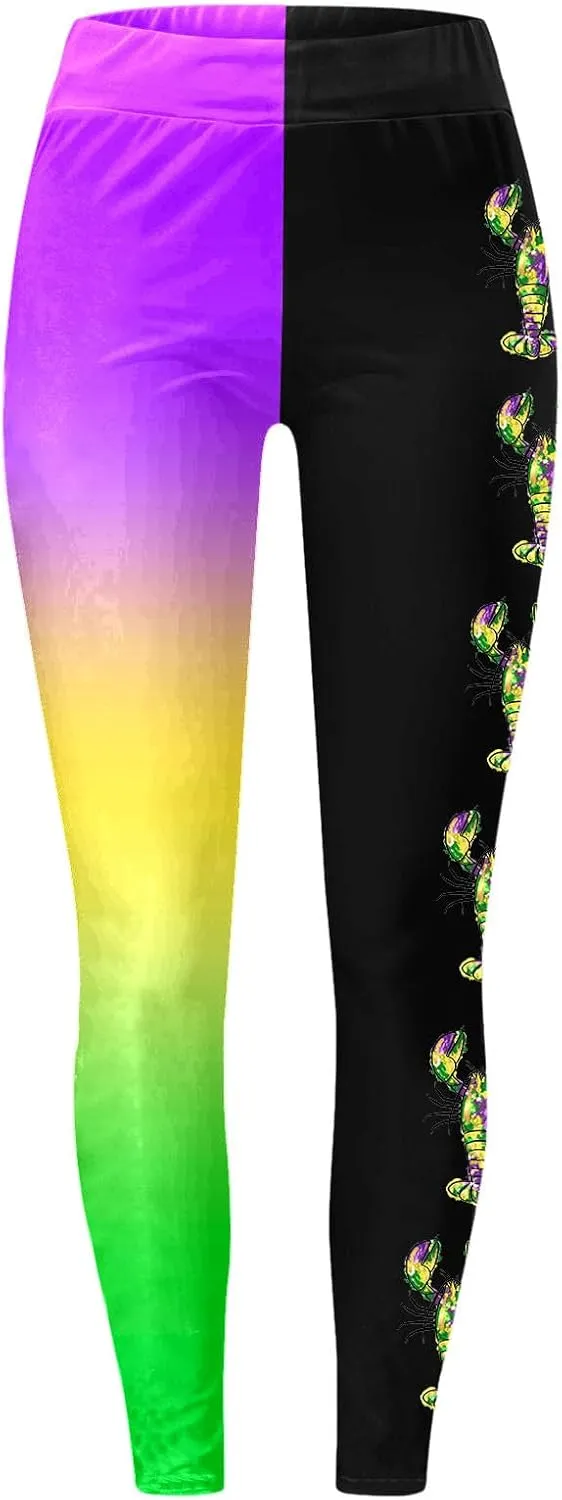 sdbrld Mardi Gras Leggings for Women,Women's Mardi Gras Printed Leggings High Waist Stretch Yoga Pants Holiday Party Trousers