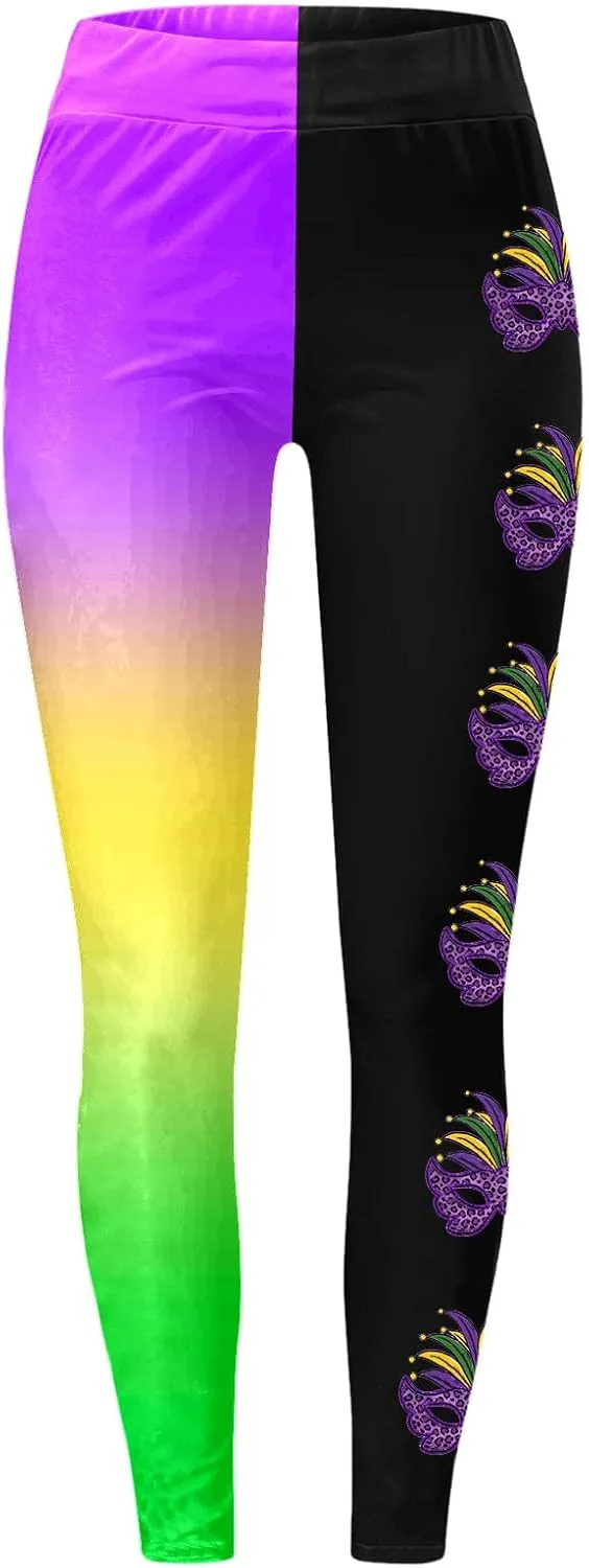 sdbrld Mardi Gras Leggings for Women,Women's Mardi Gras Printed Leggings High Waist Stretch Yoga Pants Holiday Party Trousers