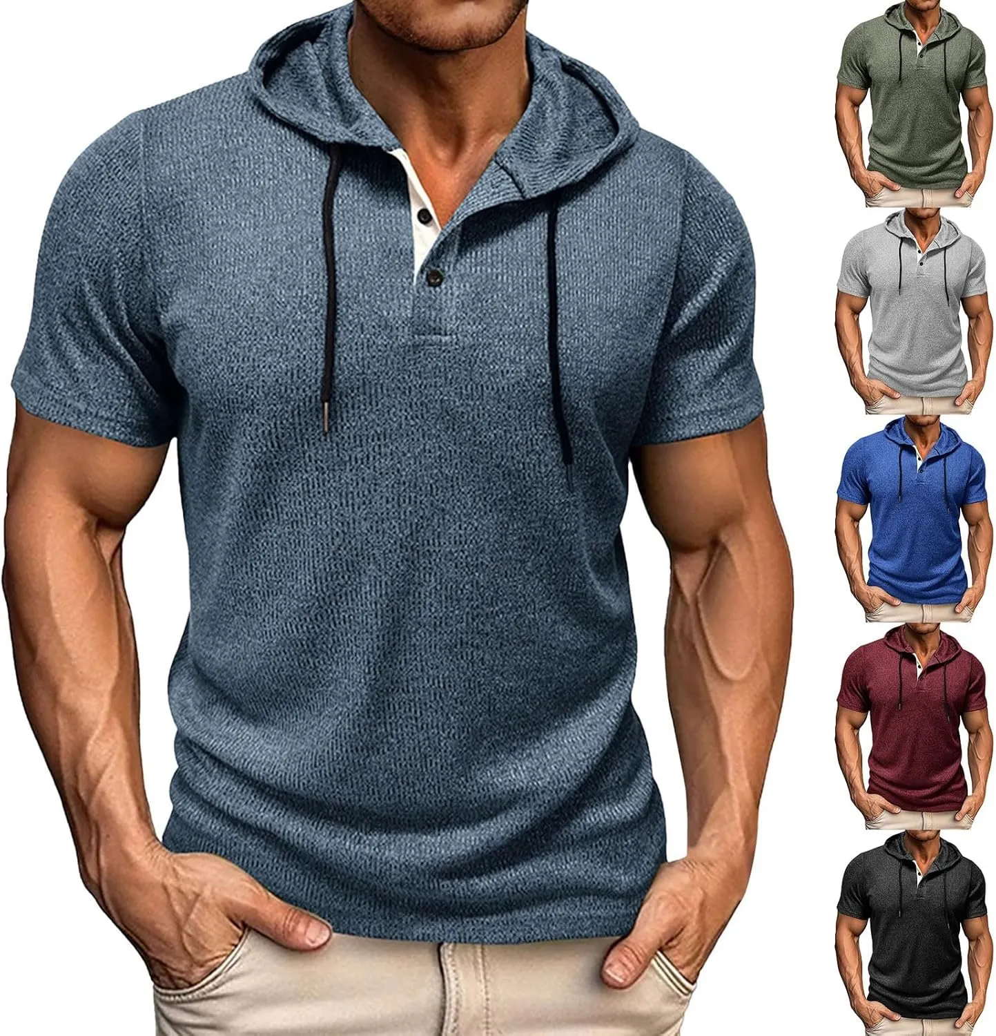 Short Sleeve Hoodies for Men Summer Knit Button Shirts Hooded Quick Dry Breathable T-Shirt Pullover Tops Workout Tees