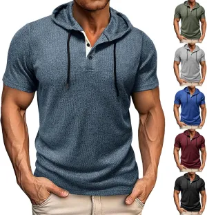 Short Sleeve Hoodies for Men Summer Knit Button Shirts Hooded Quick Dry Breathable T-Shirt Pullover Tops Workout Tees