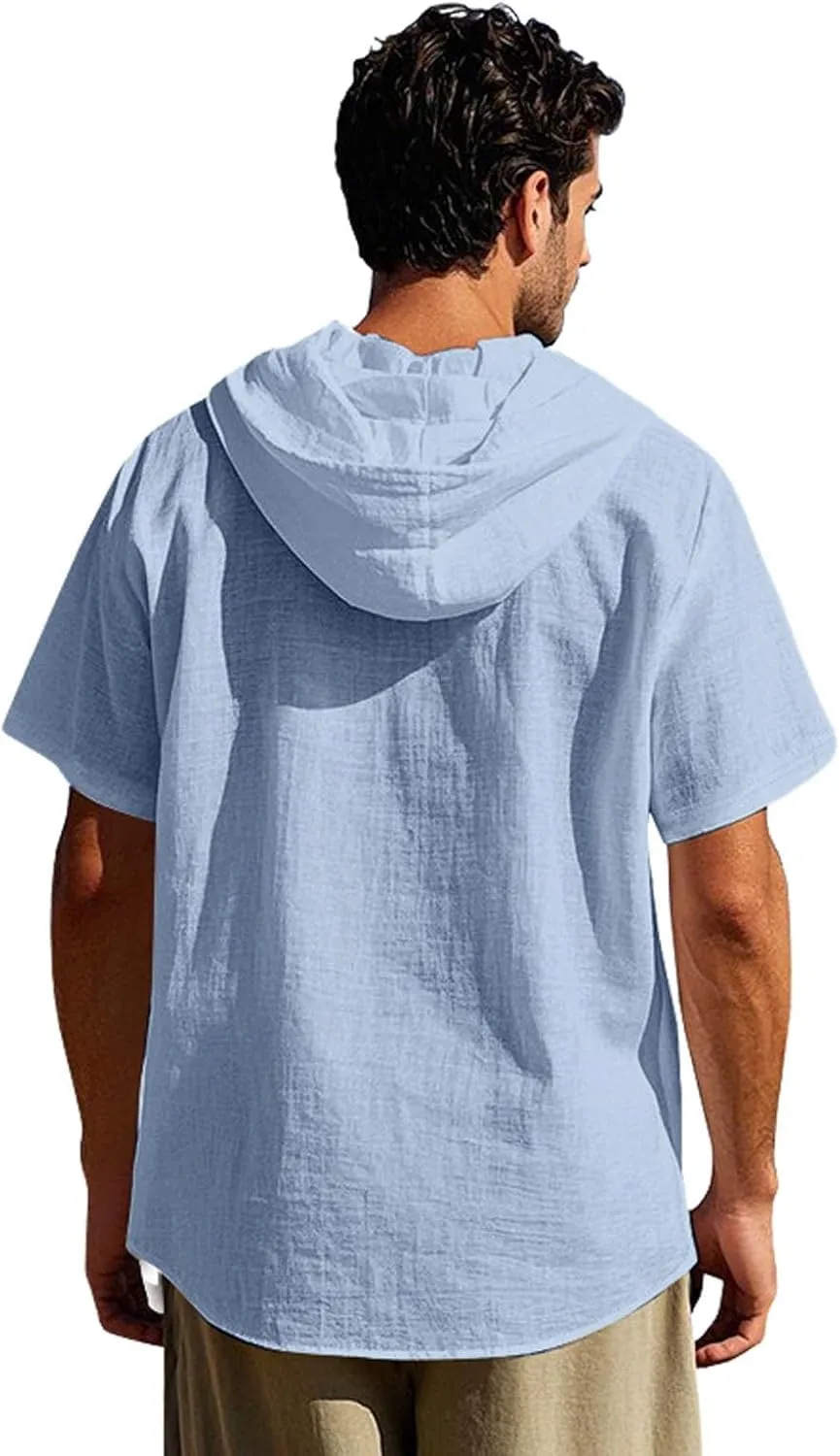 Short Sleeve Hoodies for Men Summer Linen Shirts Hooded Button Up V Neck T-Shirt Pockets Casual Hawaiian Beach Tees