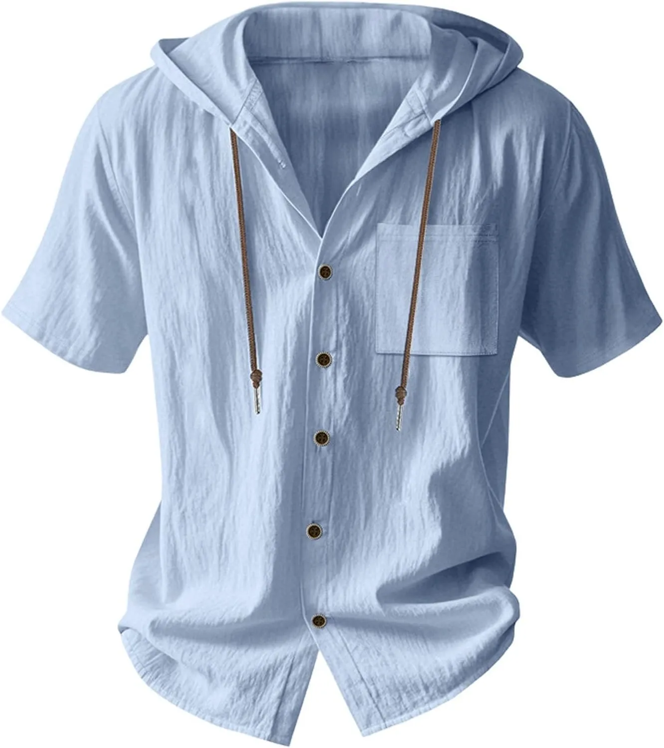 Short Sleeve Hoodies for Men Summer Linen Shirts Hooded Button Up V Neck T-Shirt Pockets Casual Hawaiian Beach Tees