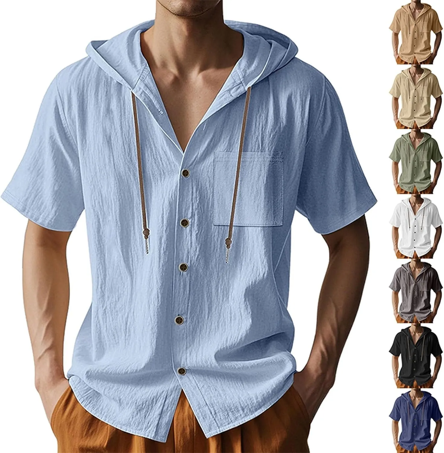Short Sleeve Hoodies for Men Summer Linen Shirts Hooded Button Up V Neck T-Shirt Pockets Casual Hawaiian Beach Tees
