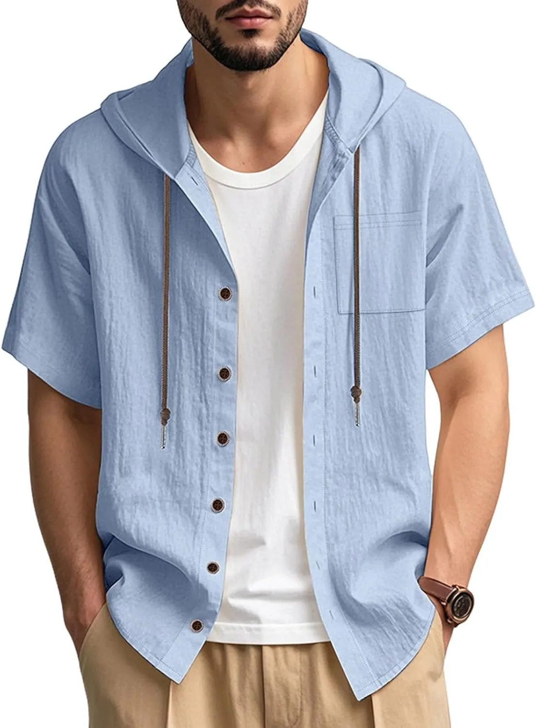 Short Sleeve Hoodies for Men Summer Linen Shirts Hooded Button Up V Neck T-Shirt Pockets Casual Hawaiian Beach Tees