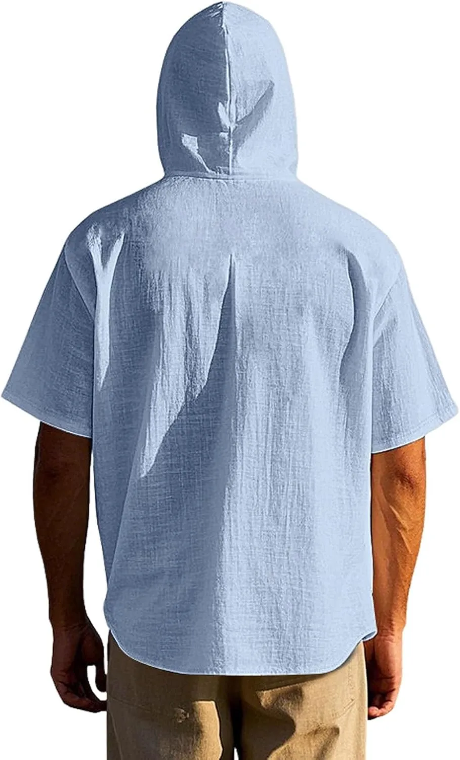 Short Sleeve Hoodies for Men Summer Linen Shirts Hooded Button Up V Neck T-Shirt Pockets Casual Hawaiian Beach Tees