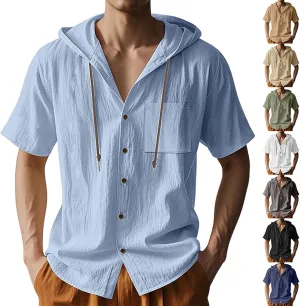 Short Sleeve Hoodies for Men Summer Linen Shirts Hooded Button Up V Neck T-Shirt Pockets Casual Hawaiian Beach Tees