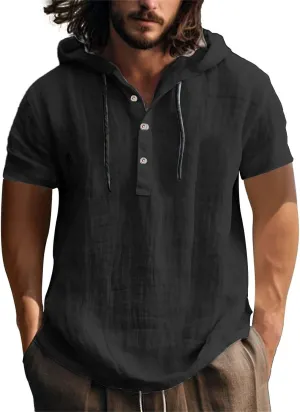 Short Sleeve Hoodies for Men Summer Linen Shirts Hooded Lightweight Button Up T-Shirt Hood Loose Fit Boho Beach Tees