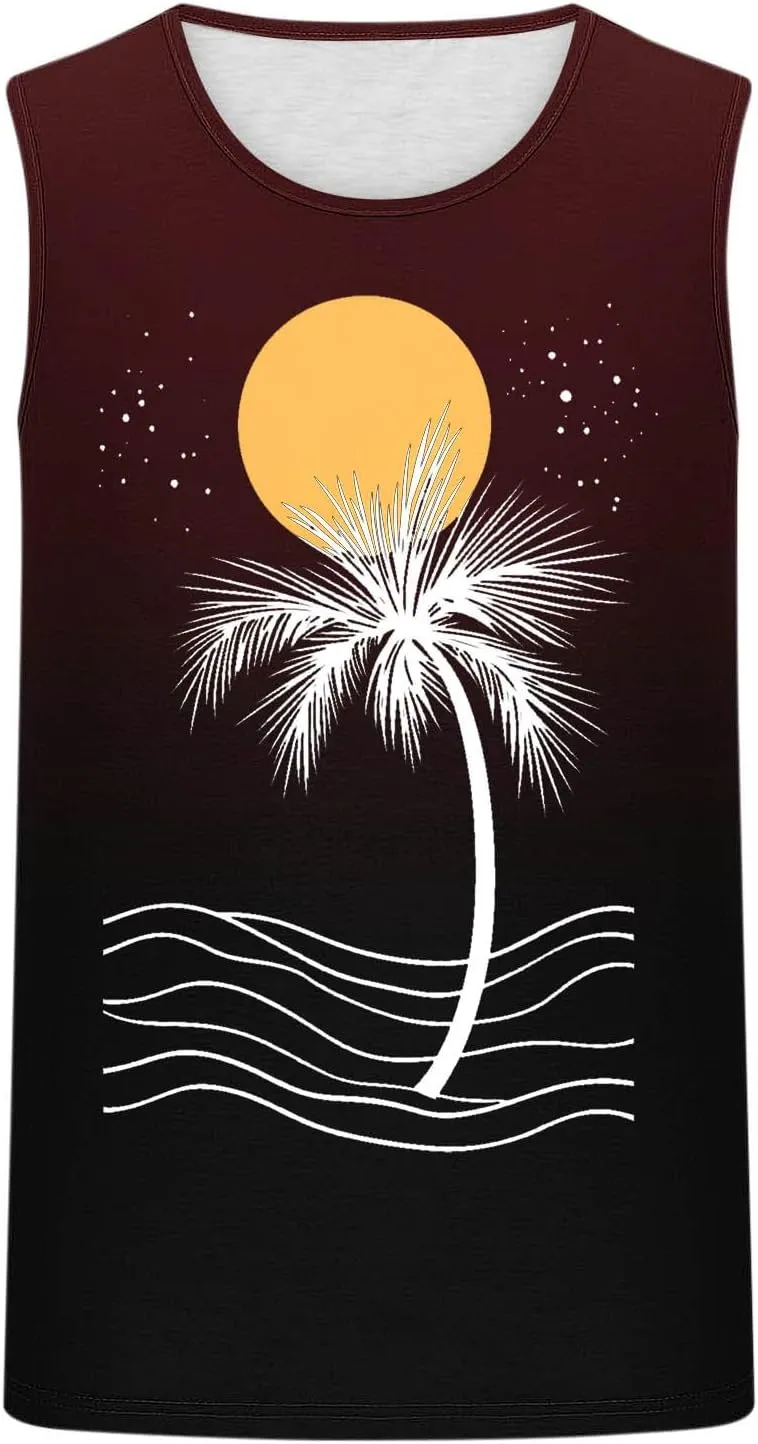 Stylish Palm Tank Tops Men's Vintage Shirts Sleeveless Summer Vacation Pullover Basic Tees Casual Workout Gym T-Shirt