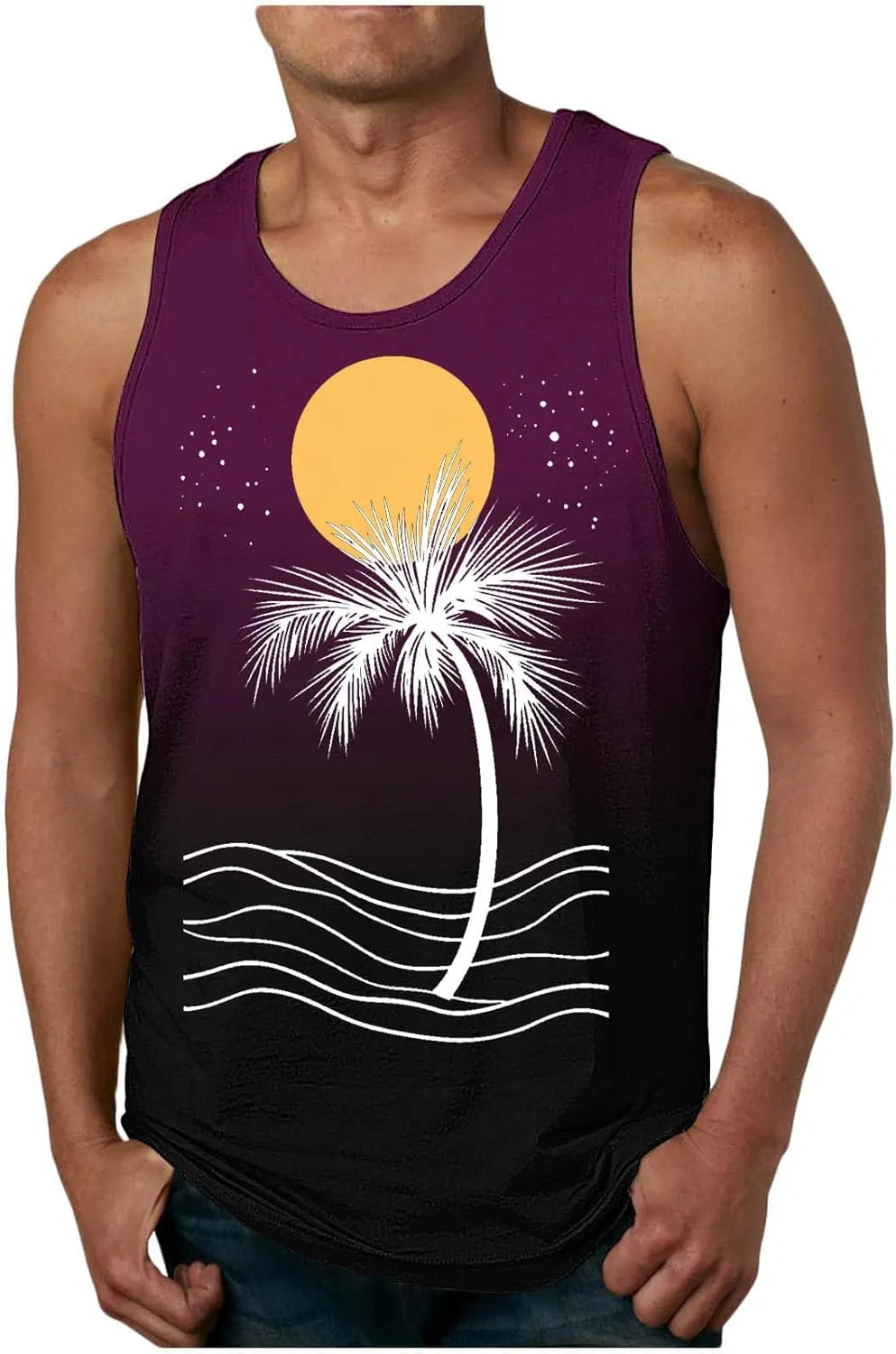 Stylish Palm Tank Tops Men's Vintage Shirts Sleeveless Summer Vacation Pullover Basic Tees Casual Workout Gym T-Shirt