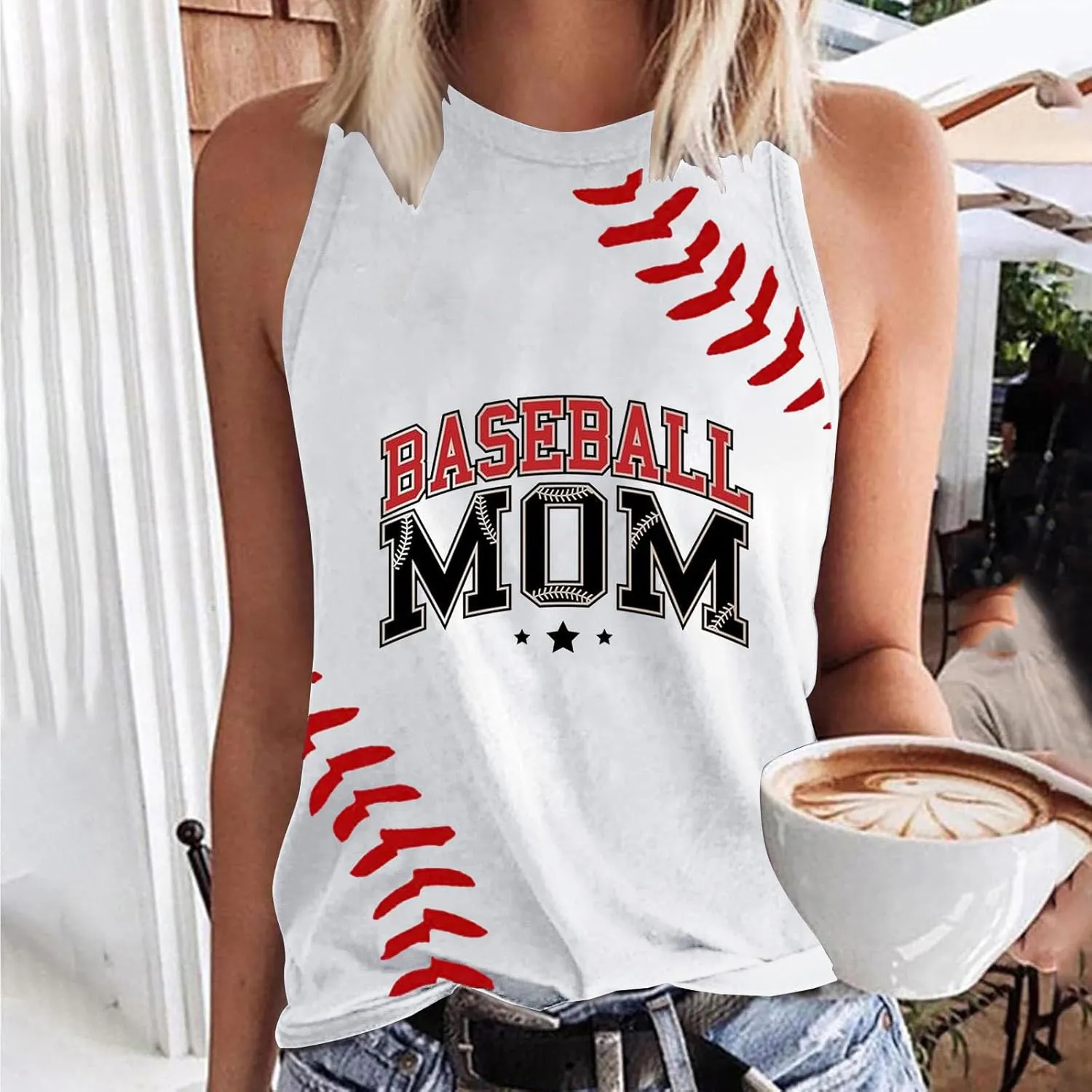 Summer Game Day Tank Tops Women Funny Baseball Mom Print Sleeveless Crewneck T-Shirts Casual Comfy Tanks Tee Shirt