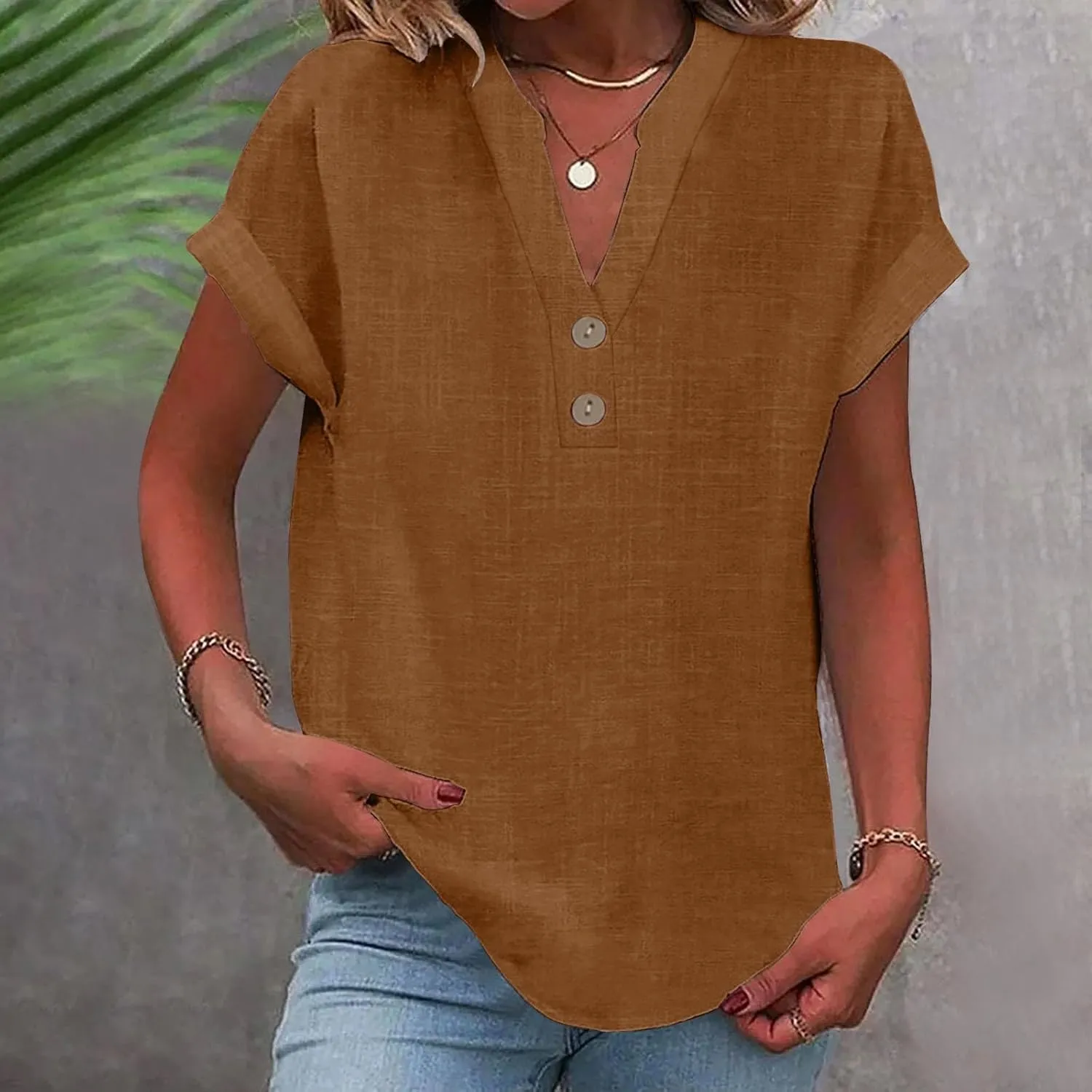 Summer Tops for Women 2025 Casual Short Sleeve Cotton Linen Shirts Button V Neck Tunic Blouse Beach Vacation Clothes