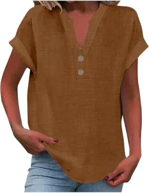 Summer Tops for Women 2025 Casual Short Sleeve Cotton Linen Shirts Button V Neck Tunic Blouse Beach Vacation Clothes