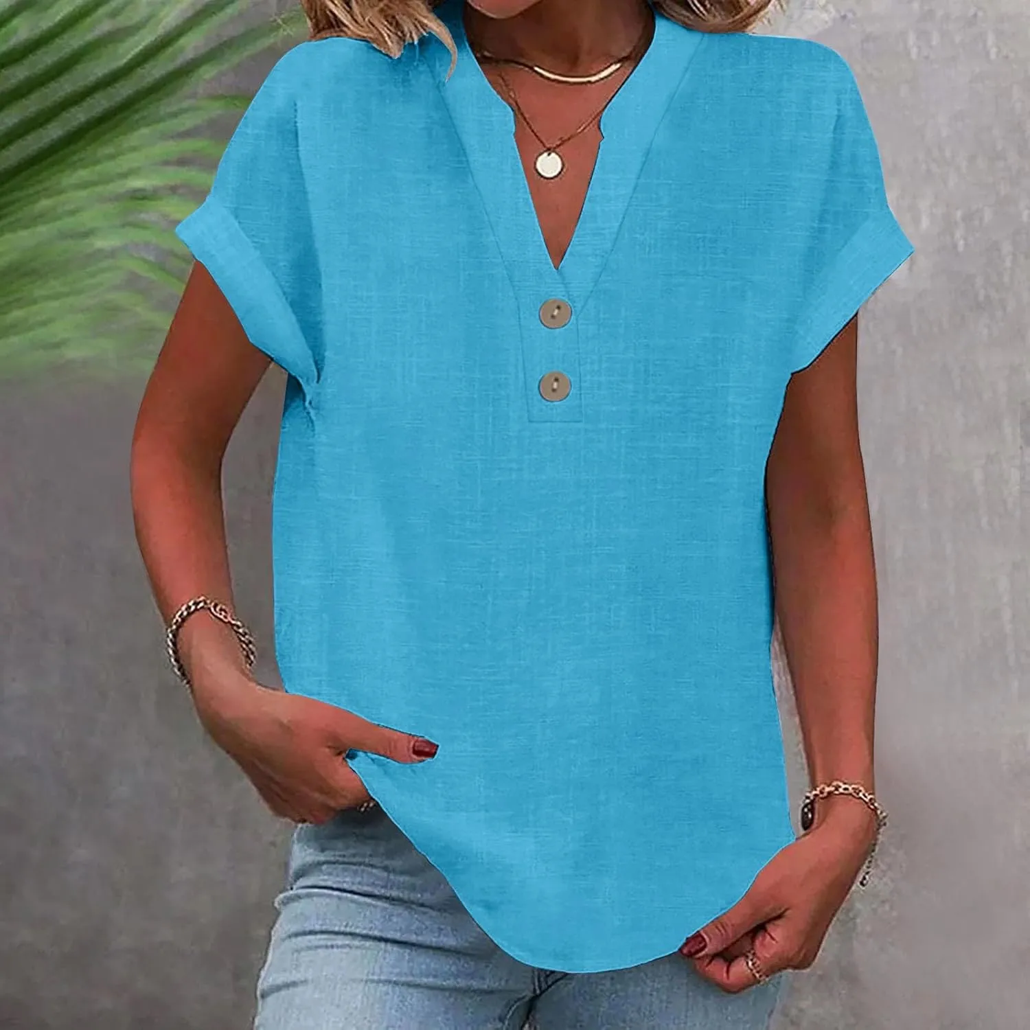 Summer Tops for Women Cotton Linen Shirts Casual Button V Neck Short Sleeve Tees Shirts Fashion Solid Blouses Tshirts