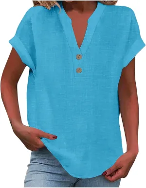 Summer Tops for Women Cotton Linen Shirts Casual Button V Neck Short Sleeve Tees Shirts Fashion Solid Blouses Tshirts