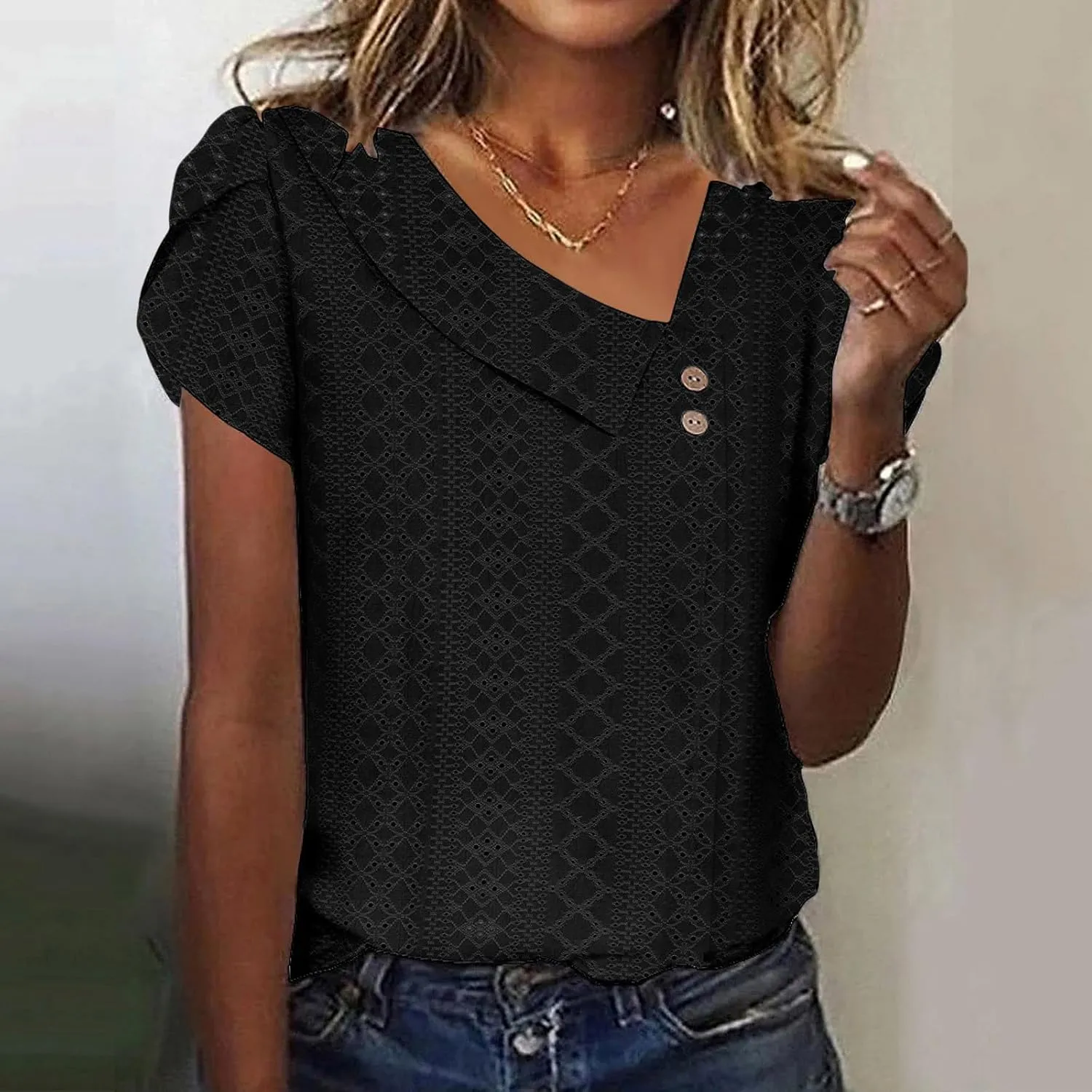 Summer Tops for Women Trendy Eyelet Shirts Short Sleeve Asymmetric V Neck Blouses Casual Loose Boho Tunic Tees 2025