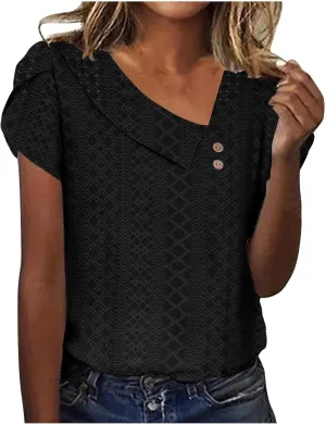 Summer Tops for Women Trendy Eyelet Shirts Short Sleeve Asymmetric V Neck Blouses Casual Loose Boho Tunic Tees 2025