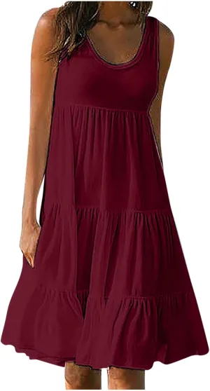 Sundresses for Women 2025 Sleeveless Cute Petite Mini Dress Tiered Summer Flowy Boho Sundress Beach Wear