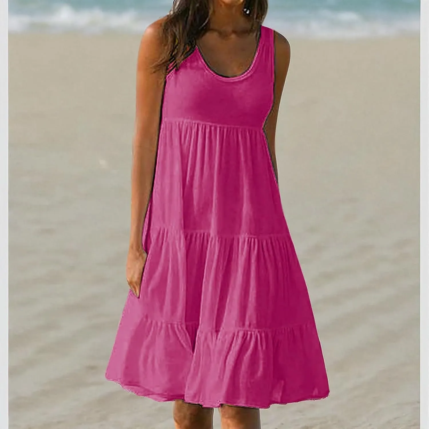 Sundresses for Women 2025 Sleeveless Cute Petite Mini Dress Tiered Summer Flowy Boho Sundress Beach Wear