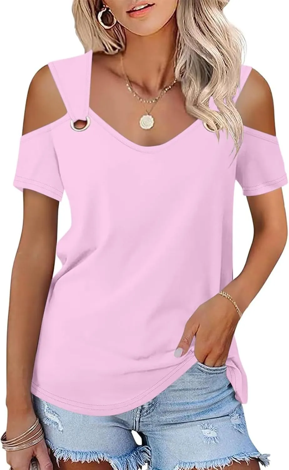 T Shirt for Women Sexy Cold Shoulder Summer Tops Casual Printed Short Sleeve Round-Neck Blouse Loose Comfy Tunics