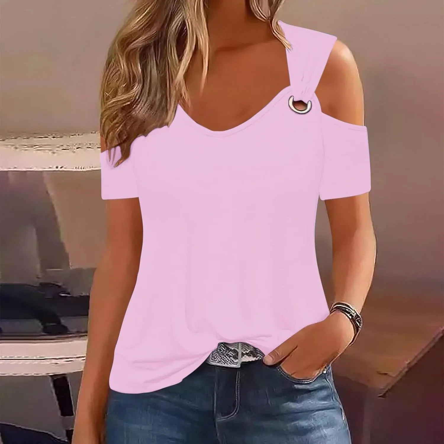 T Shirt for Women Sexy Cold Shoulder Summer Tops Casual Printed Short Sleeve Round-Neck Blouse Loose Comfy Tunics