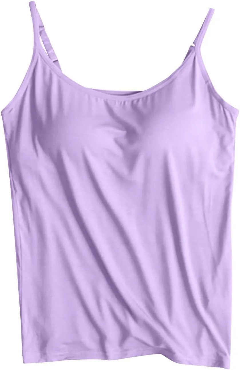 Tank Top for Women with Built in Bra Spaghetti Strap Tank Top Cute Summer Sleeveless Shirts Casual Solid Color Shirts