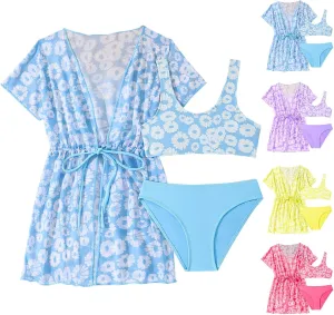 Teens Girls 3 Piece Hawaiian Bikini Swimsuit Set Criss Cross Cute Bathing Suit with Quick Dry Beach Coverup Cardigan