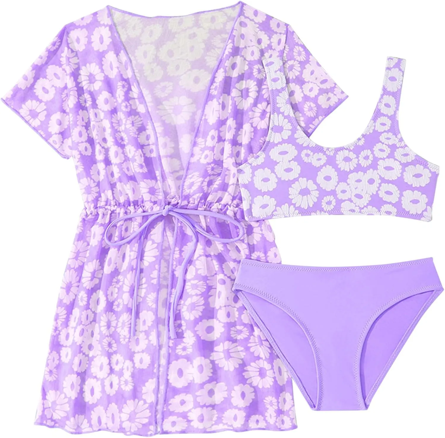 Teens Girls 3 Piece Hawaiian Bikini Swimsuit Set Criss Cross Cute Bathing Suit with Quick Dry Beach Coverup Cardigan