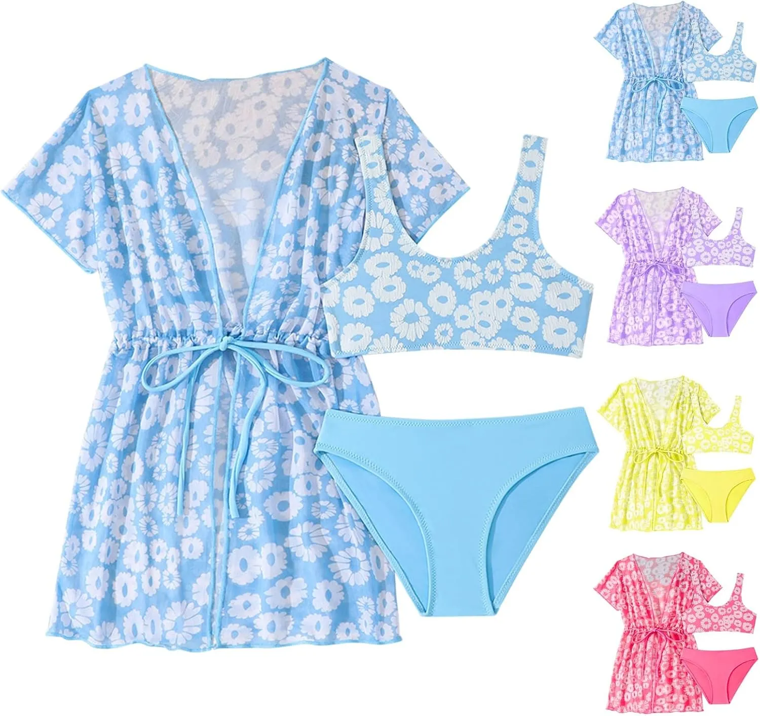 Teens Girls 3 Piece Hawaiian Bikini Swimsuit Set Criss Cross Cute Bathing Suit with Quick Dry Beach Coverup Cardigan