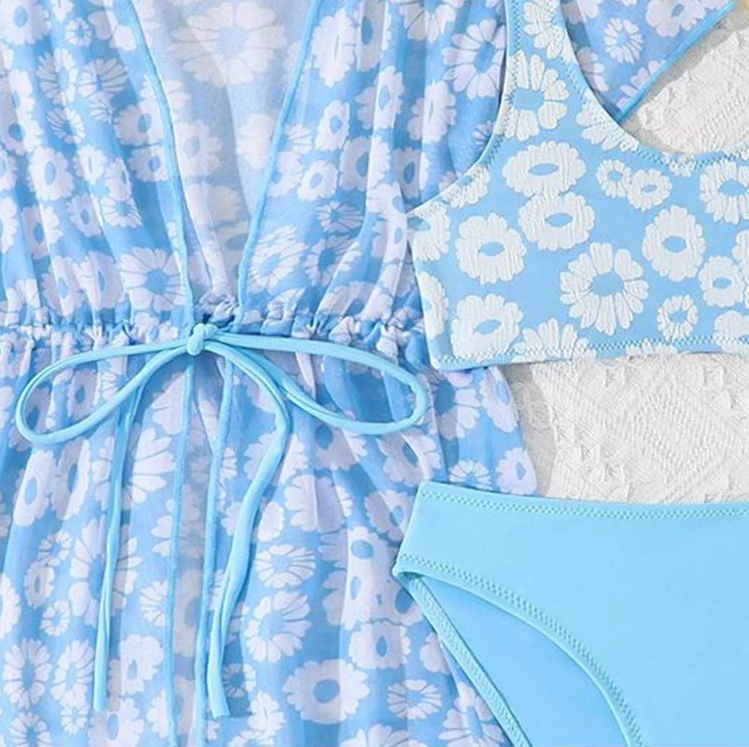 Teens Girls 3 Piece Hawaiian Bikini Swimsuit Set Criss Cross Cute Bathing Suit with Quick Dry Beach Coverup Cardigan