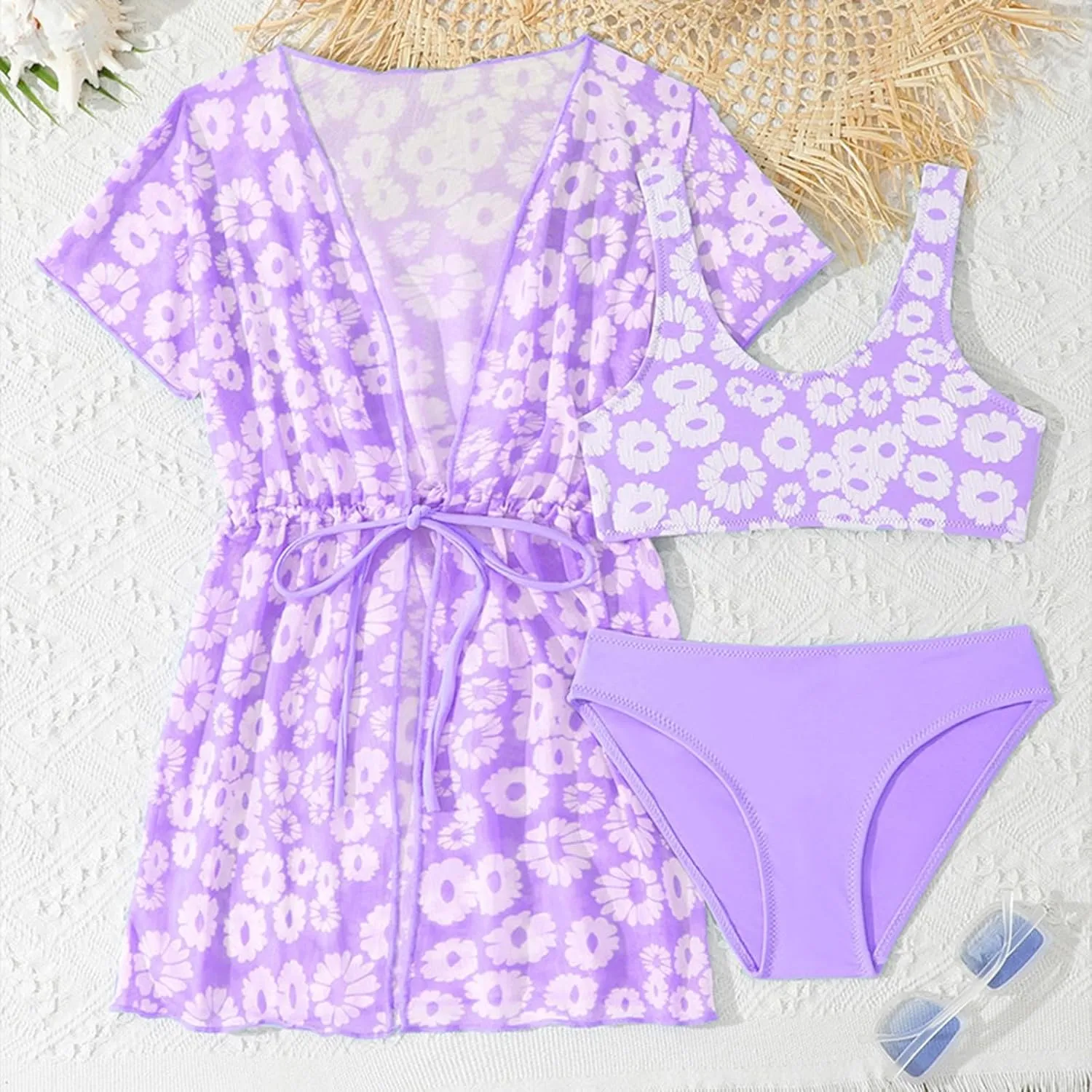 Teens Girls 3 Piece Hawaiian Bikini Swimsuit Set Criss Cross Cute Bathing Suit with Quick Dry Beach Coverup Cardigan