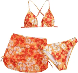Teens Girls Flower Swimsuit 3 Piece Bathing Suits Cute Quick Dry Bikini Tankini Sets with Swim Skirt Preppy Clothes