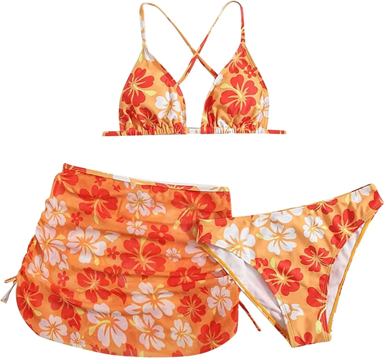 Teens Girls Flower Swimsuit 3 Piece Bathing Suits Cute Quick Dry Bikini Tankini Sets with Swim Skirt Preppy Clothes