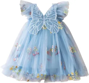 Toddler Baby Girl Tutu Dresses Butterfly Embroidery Ruffle Sleeve Mesh Tiered Birthday Dresses Kids Cute Clothes