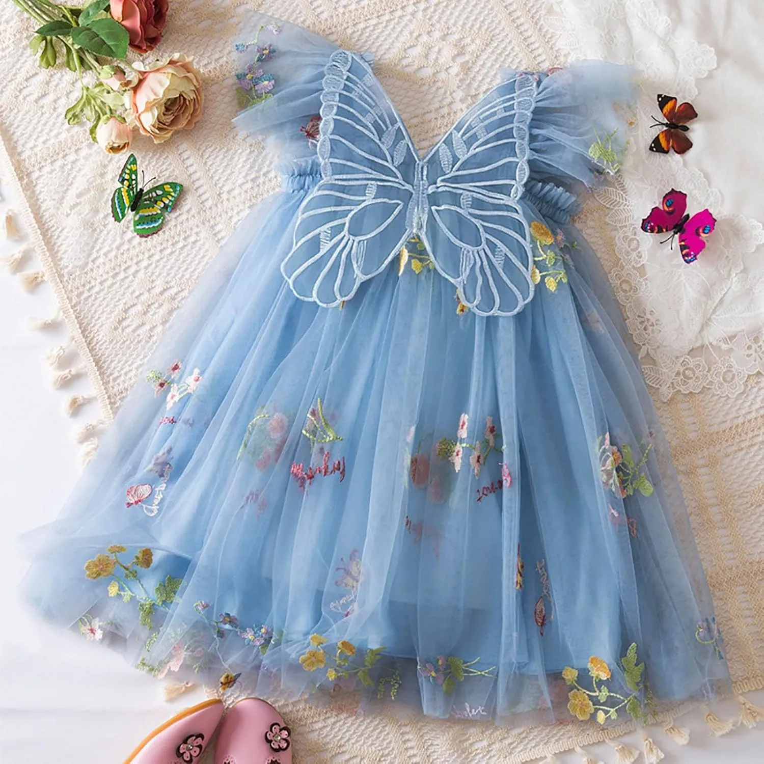 Toddler Baby Girl Tutu Dresses Butterfly Embroidery Ruffle Sleeve Mesh Tiered Birthday Dresses Kids Cute Clothes