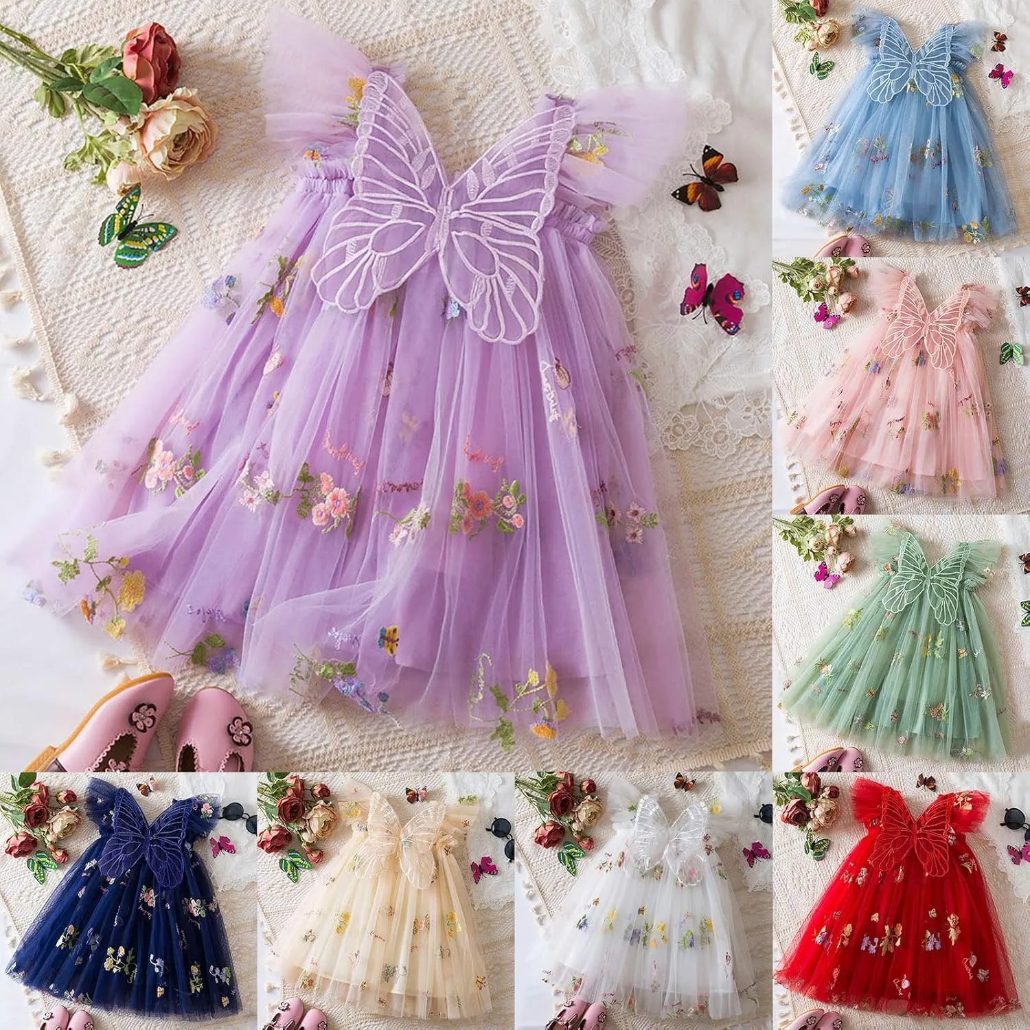 Toddler Baby Girl Tutu Dresses Butterfly Embroidery Ruffle Sleeve Mesh Tiered Birthday Dresses Kids Cute Clothes