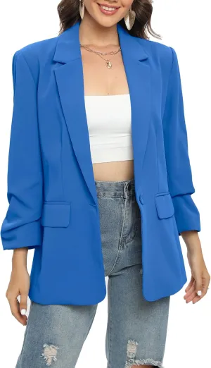 TRNY Womens Blazer Ruched Sleeve Notched Lapel Suit Blazers Jackets with Pockets for Women Business Casual and Work Office