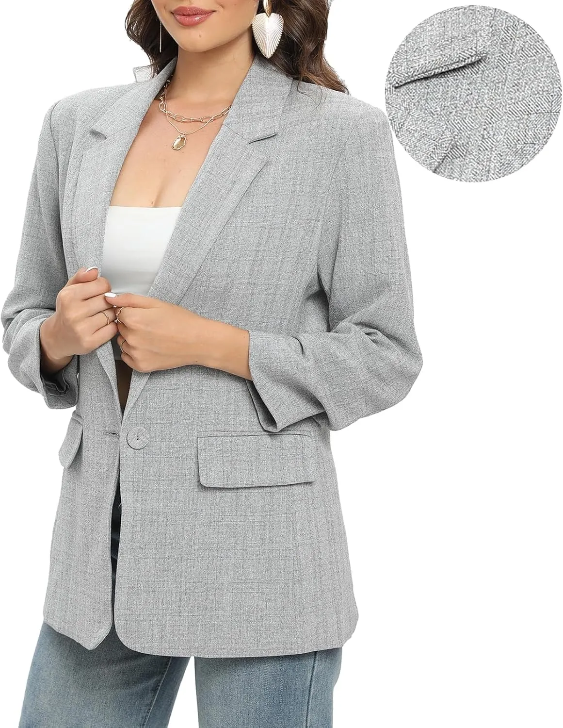 TRNY Womens Blazer Ruched Sleeve Notched Lapel Suit Blazers Jackets with Pockets for Women Business Casual and Work Office