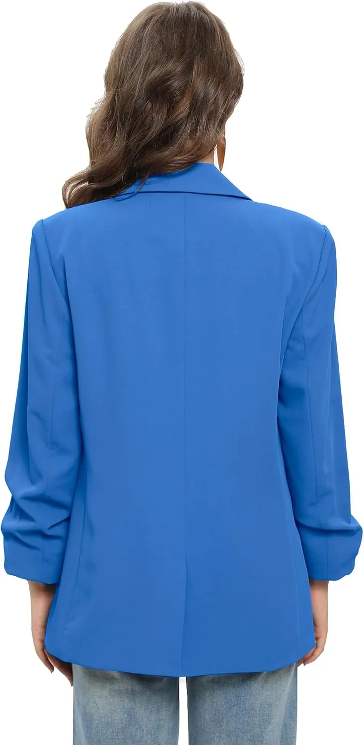 TRNY Womens Blazer Ruched Sleeve Notched Lapel Suit Blazers Jackets with Pockets for Women Business Casual and Work Office