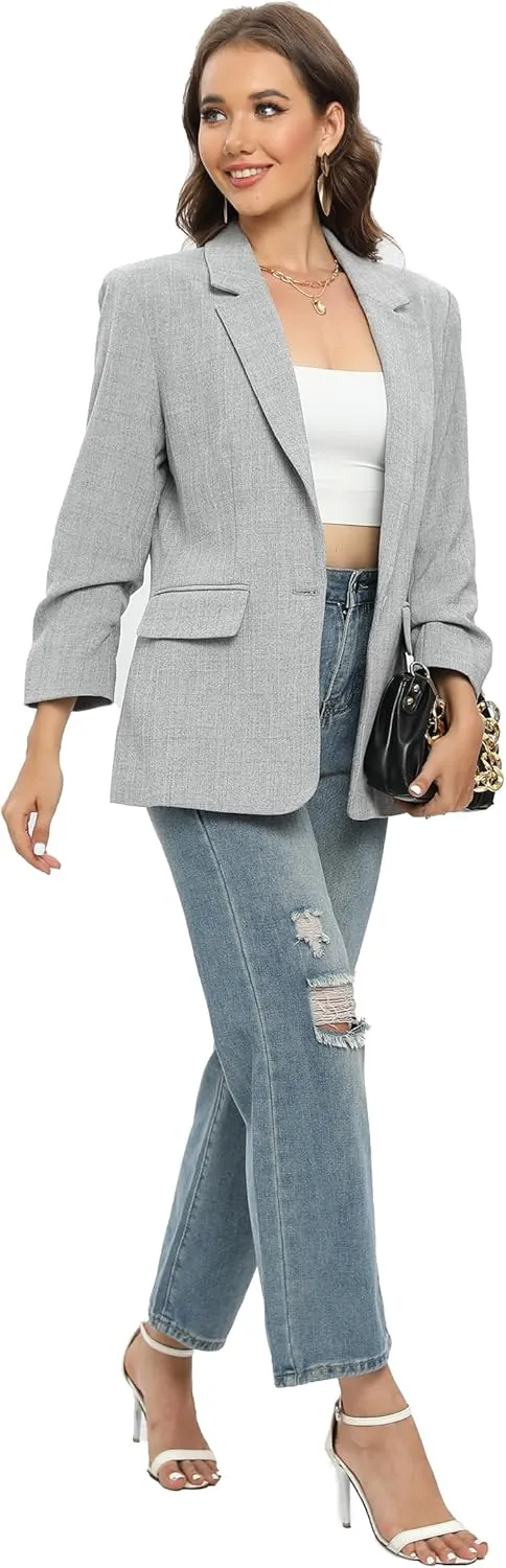 TRNY Womens Blazer Ruched Sleeve Notched Lapel Suit Blazers Jackets with Pockets for Women Business Casual and Work Office
