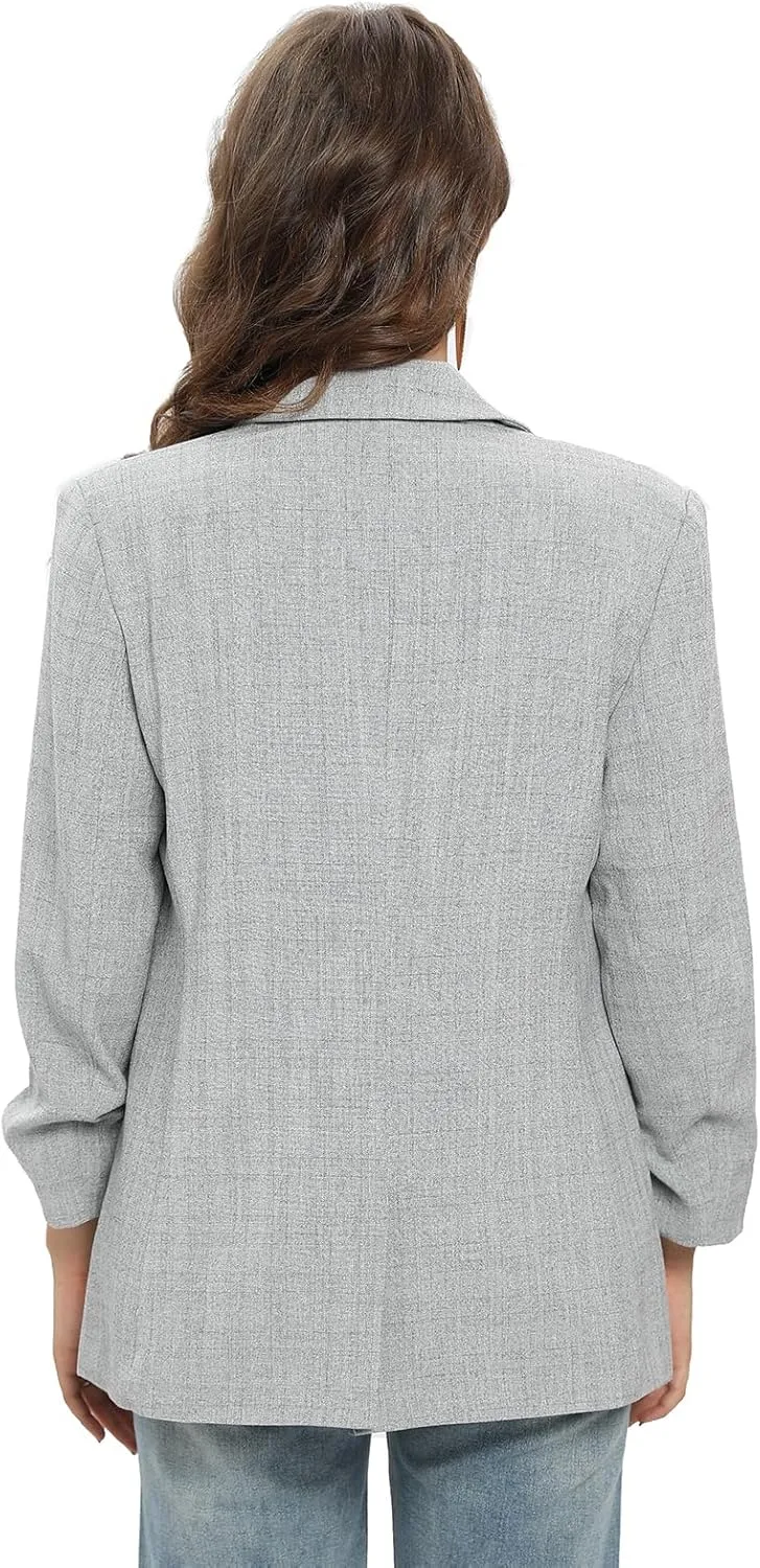 TRNY Womens Blazer Ruched Sleeve Notched Lapel Suit Blazers Jackets with Pockets for Women Business Casual and Work Office