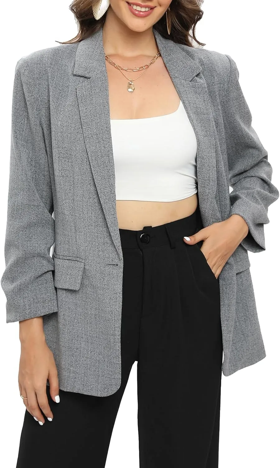 TRNY Womens Blazer Ruched Sleeve Notched Lapel Suit Blazers Jackets with Pockets for Women Business Casual and Work Office