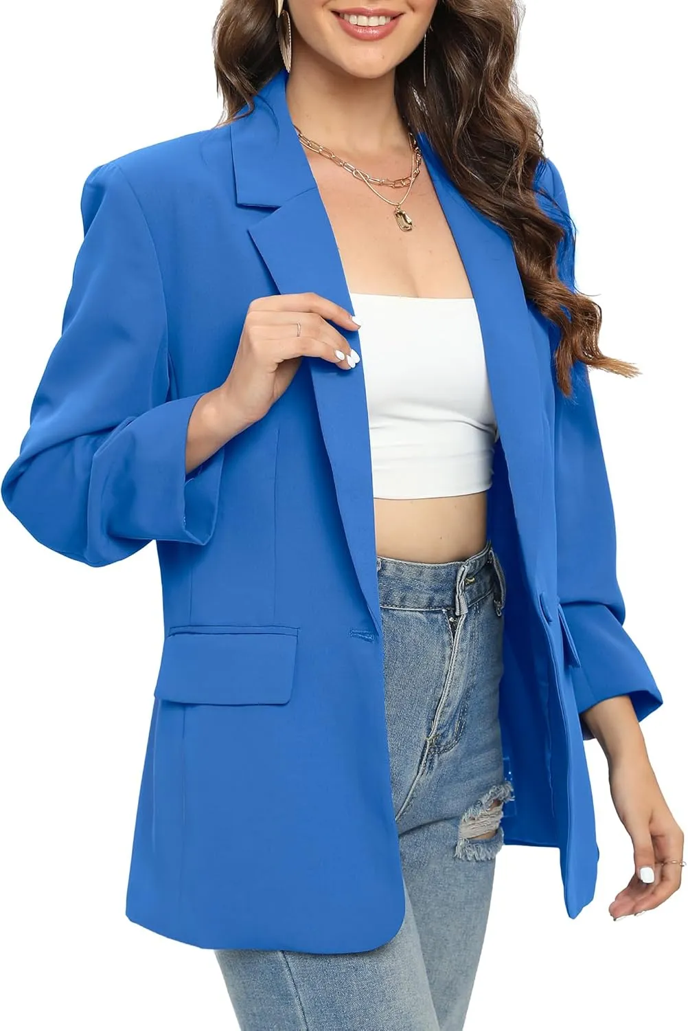 TRNY Womens Blazer Ruched Sleeve Notched Lapel Suit Blazers Jackets with Pockets for Women Business Casual and Work Office
