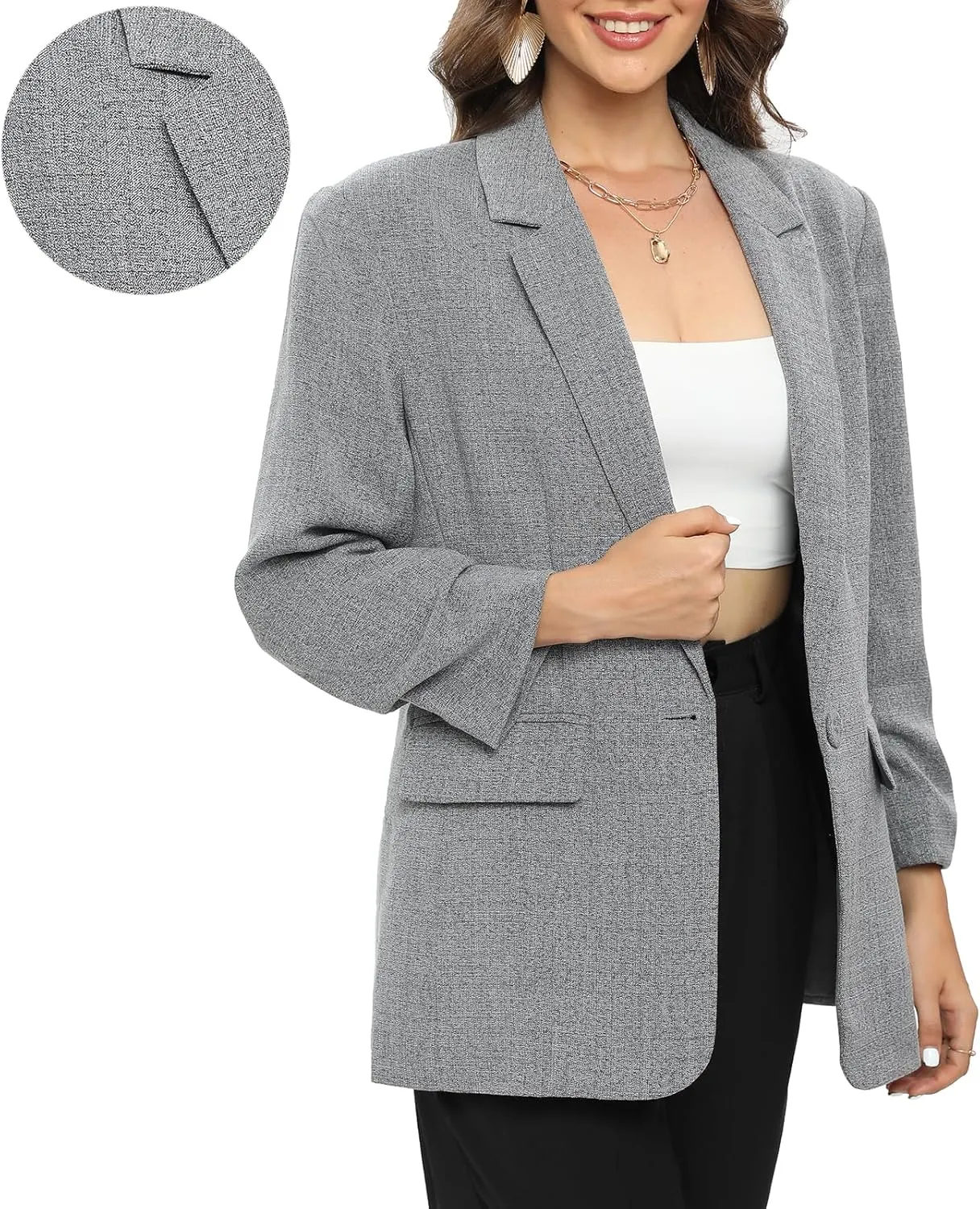 TRNY Womens Blazer Ruched Sleeve Notched Lapel Suit Blazers Jackets with Pockets for Women Business Casual and Work Office