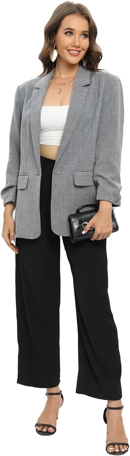 TRNY Womens Blazer Ruched Sleeve Notched Lapel Suit Blazers Jackets with Pockets for Women Business Casual and Work Office