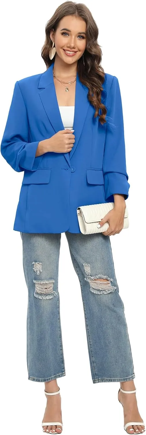 TRNY Womens Blazer Ruched Sleeve Notched Lapel Suit Blazers Jackets with Pockets for Women Business Casual and Work Office