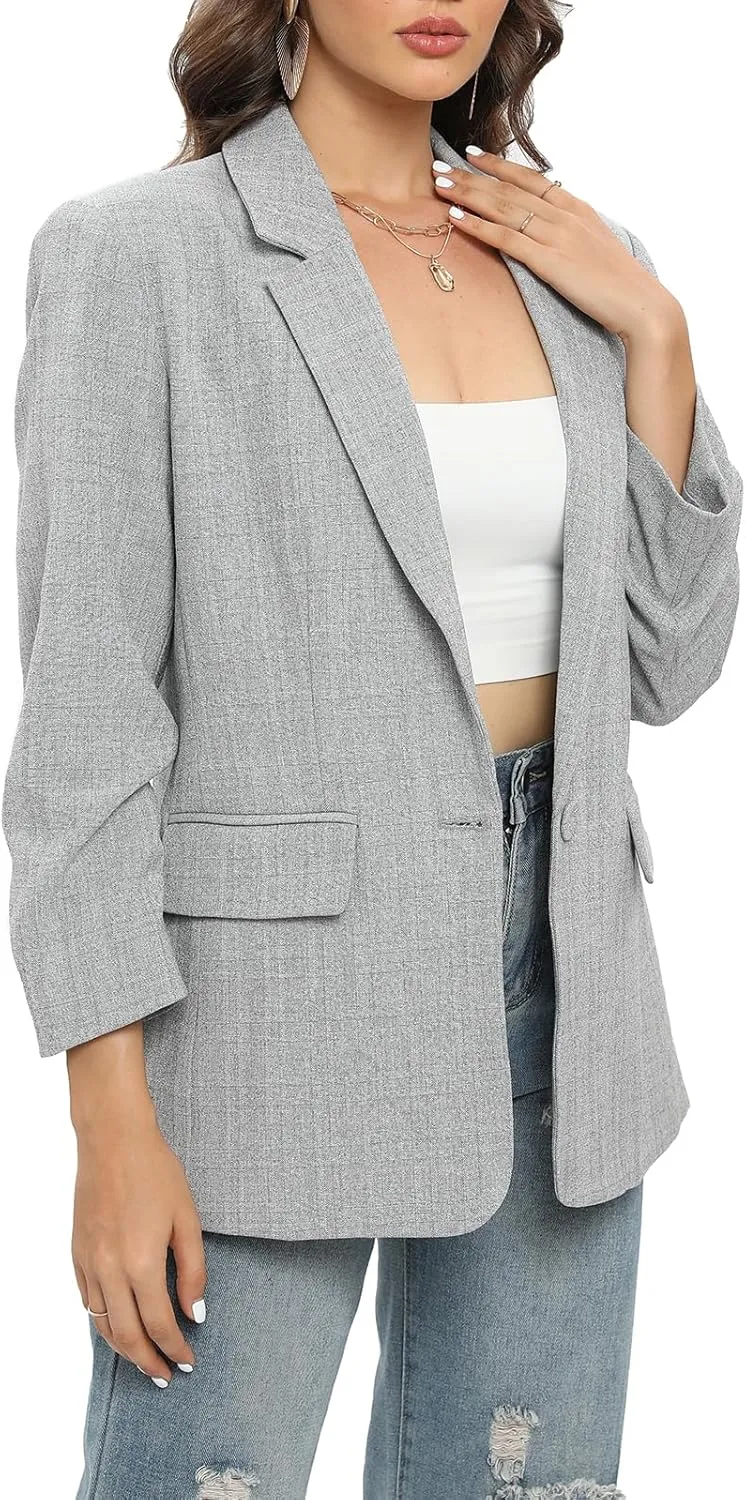 TRNY Womens Blazer Ruched Sleeve Notched Lapel Suit Blazers Jackets with Pockets for Women Business Casual and Work Office