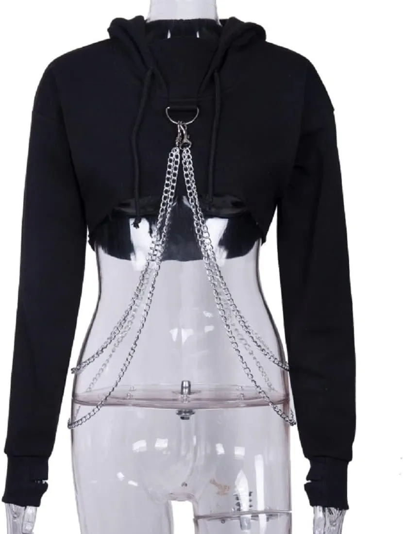 TSMNZMU Womens Gothic Crop Hoodie Punk Grunge Long Sleeve Sweatshirt Alt Mall Goth Tops Y2K Emo Shirt with Iron Chain