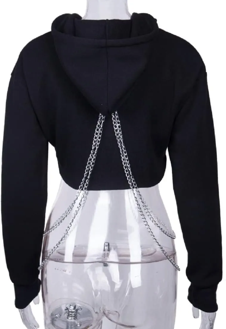 TSMNZMU Womens Gothic Crop Hoodie Punk Grunge Long Sleeve Sweatshirt Alt Mall Goth Tops Y2K Emo Shirt with Iron Chain