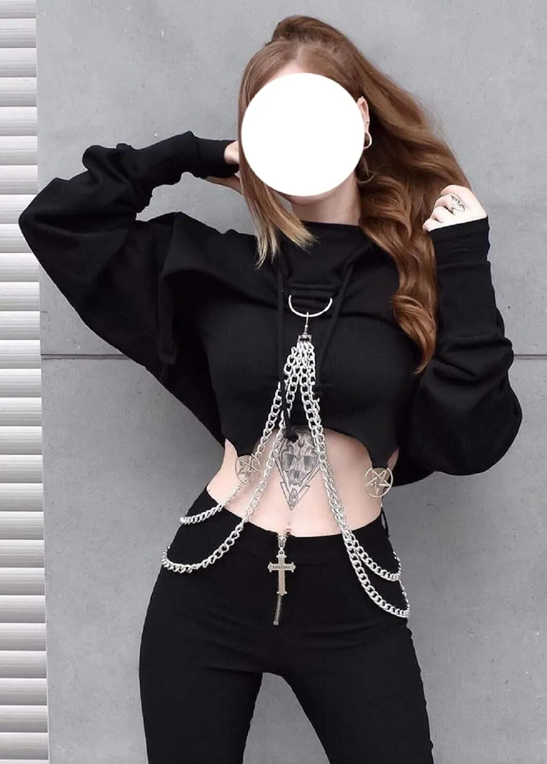 TSMNZMU Womens Gothic Crop Hoodie Punk Grunge Long Sleeve Sweatshirt Alt Mall Goth Tops Y2K Emo Shirt with Iron Chain