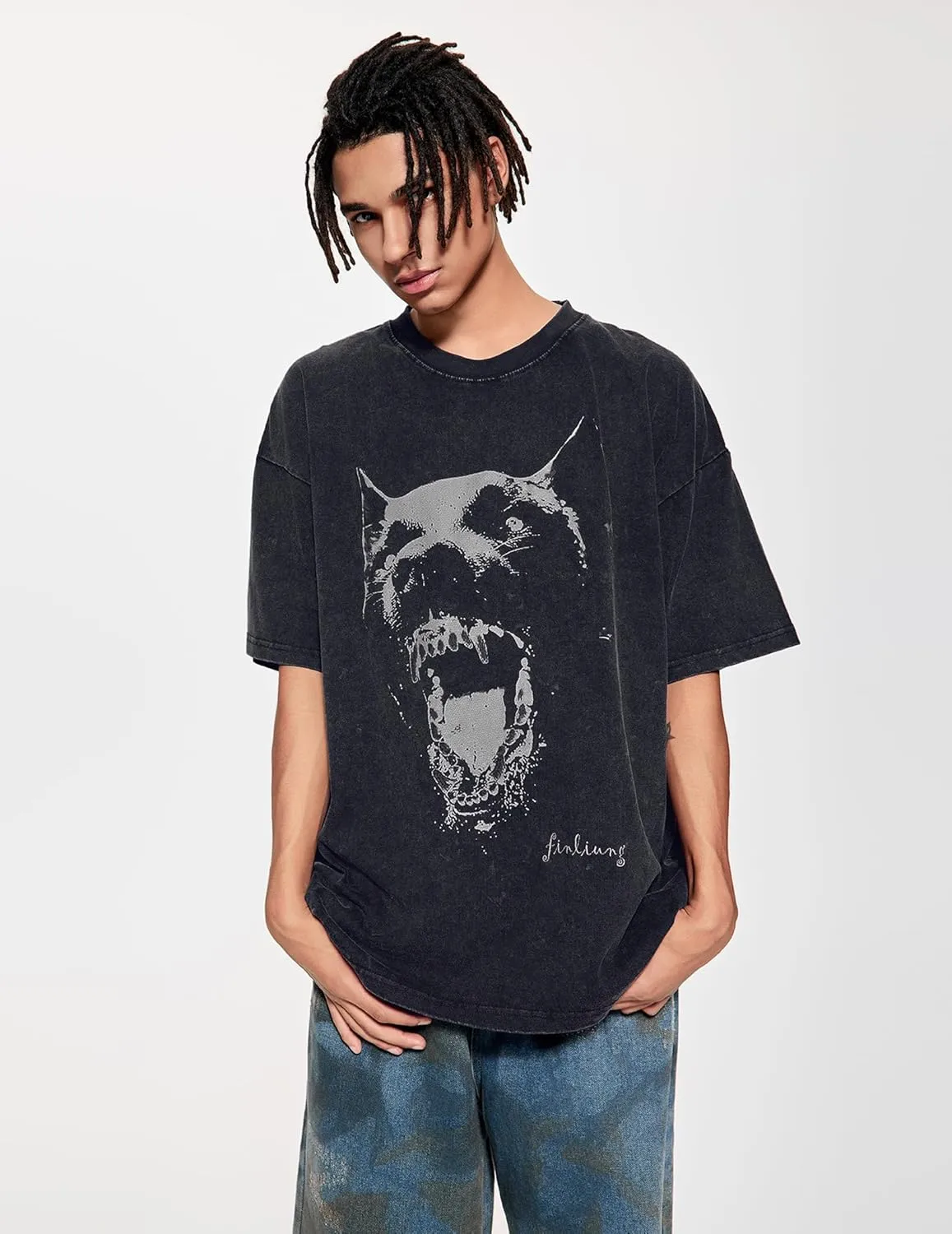 Vamtac Mens Oversized Washed Dog Graphic Tees Casual Summer Tops Streetwear Aesthetic T-Shirt Unisex